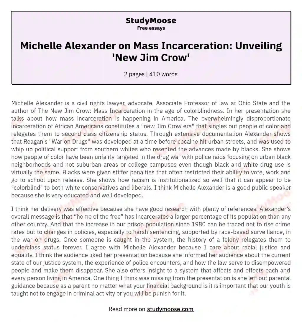 Michelle Alexander on Mass Incarceration: Unveiling 'New Jim Crow' essay