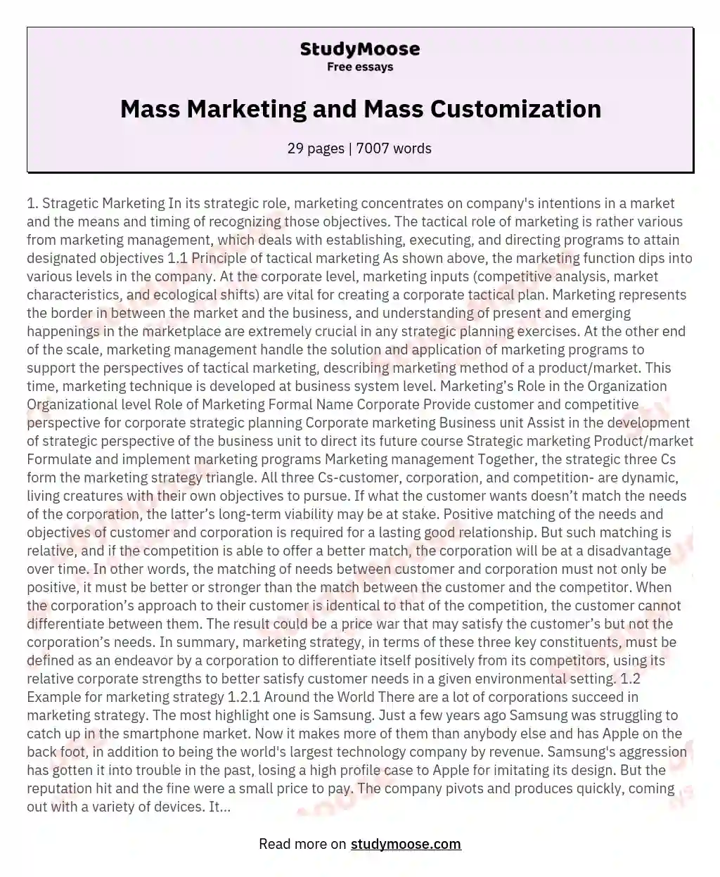 Mass Marketing and Mass Customization