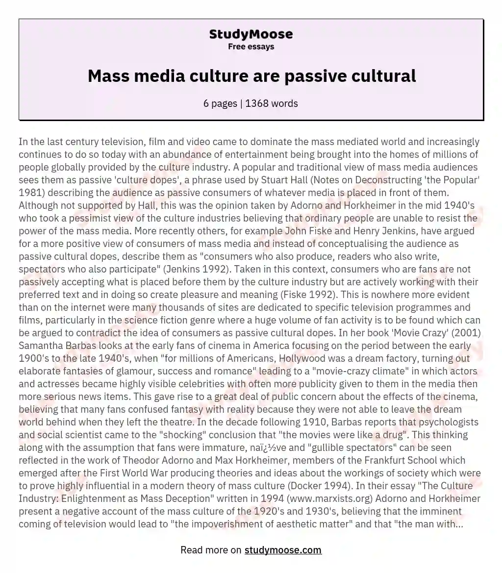 Mass media culture are passive cultural essay