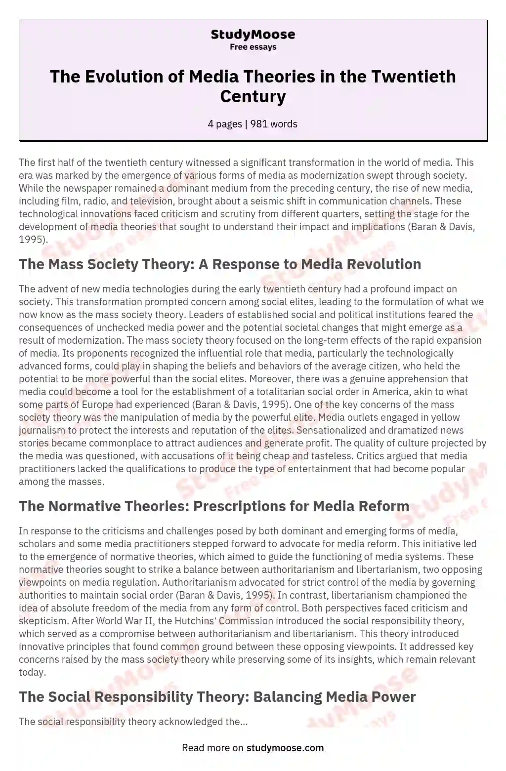 The Evolution of Media Theories in the Twentieth Century essay