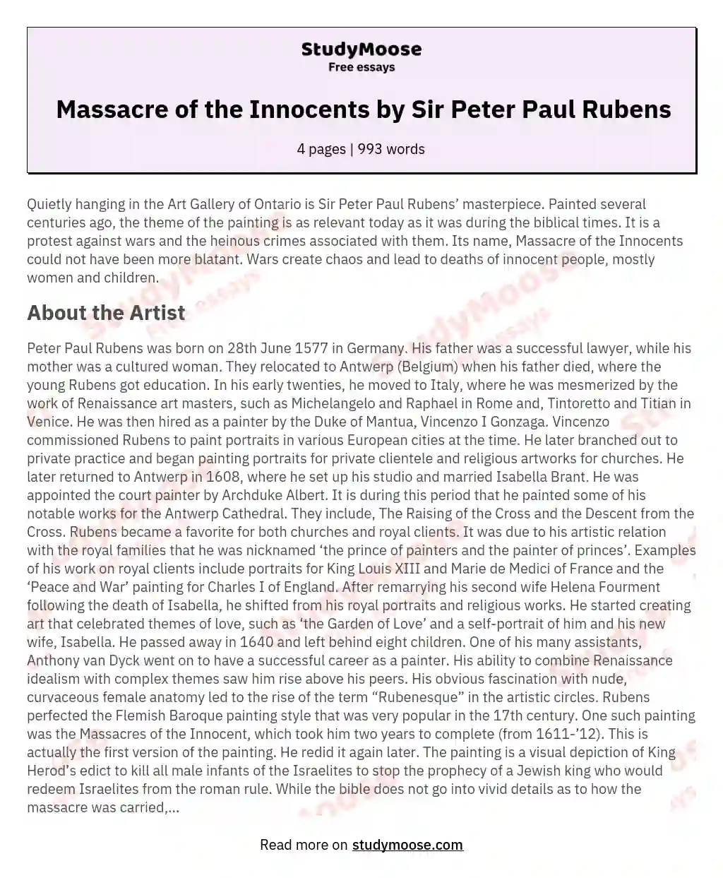 Massacre of the Innocents by Sir Peter Paul Rubens essay
