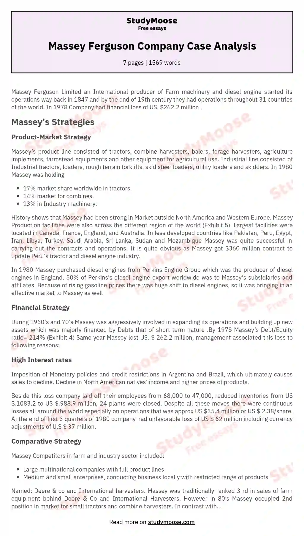 Massey Ferguson Company Case Analysis essay