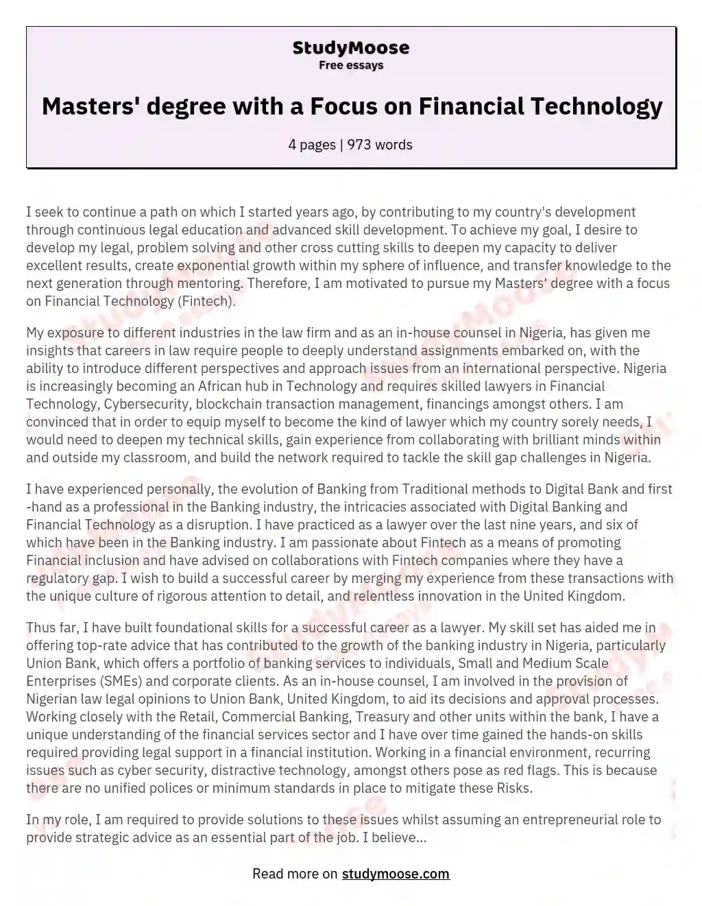 Masters' degree with a Focus on Financial Technology essay