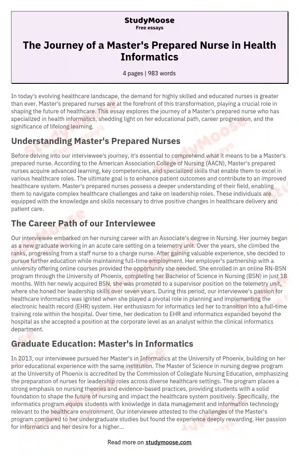 The Journey of a Master's Prepared Nurse in Health Informatics essay