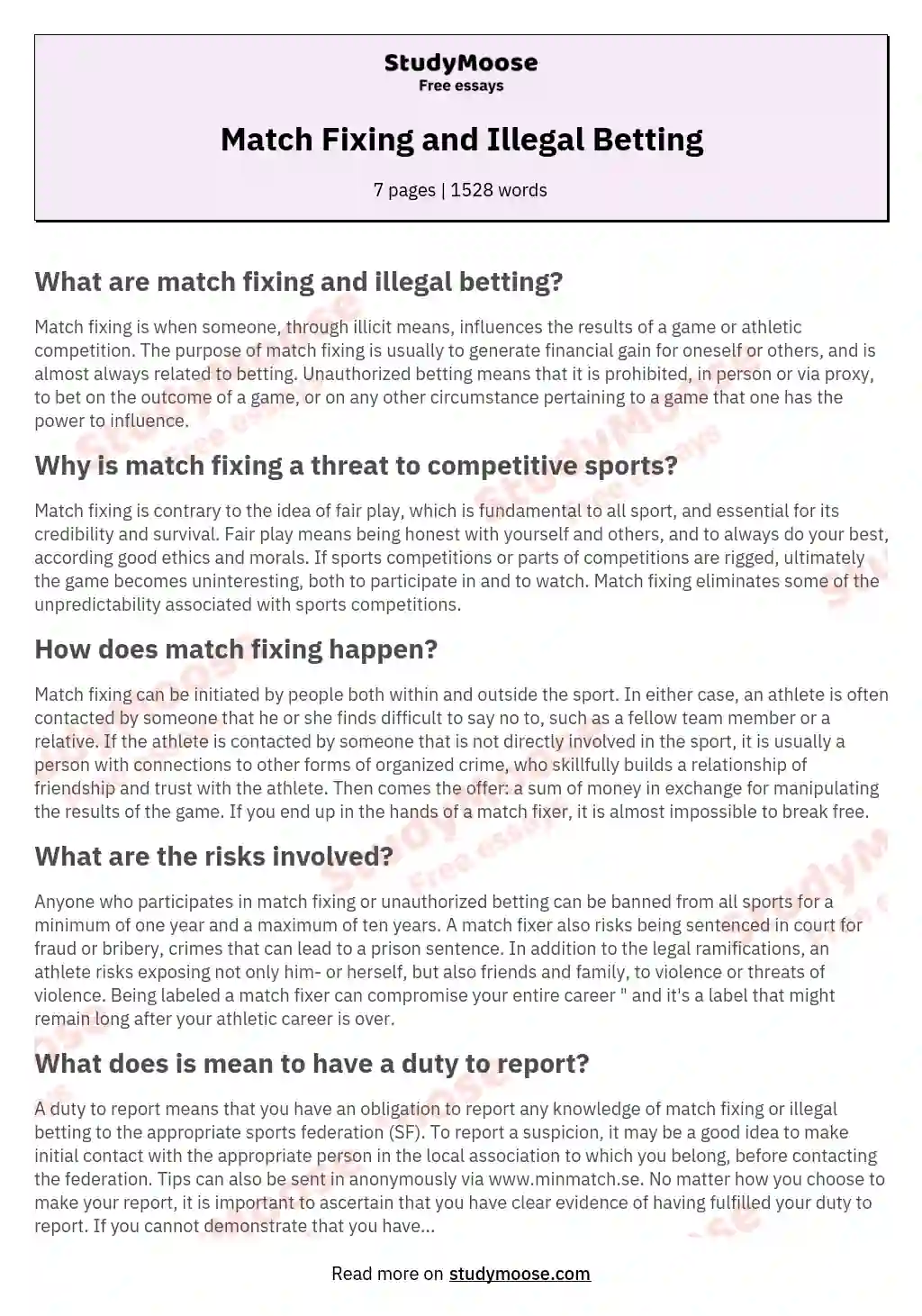 Match Fixing and Illegal Betting essay