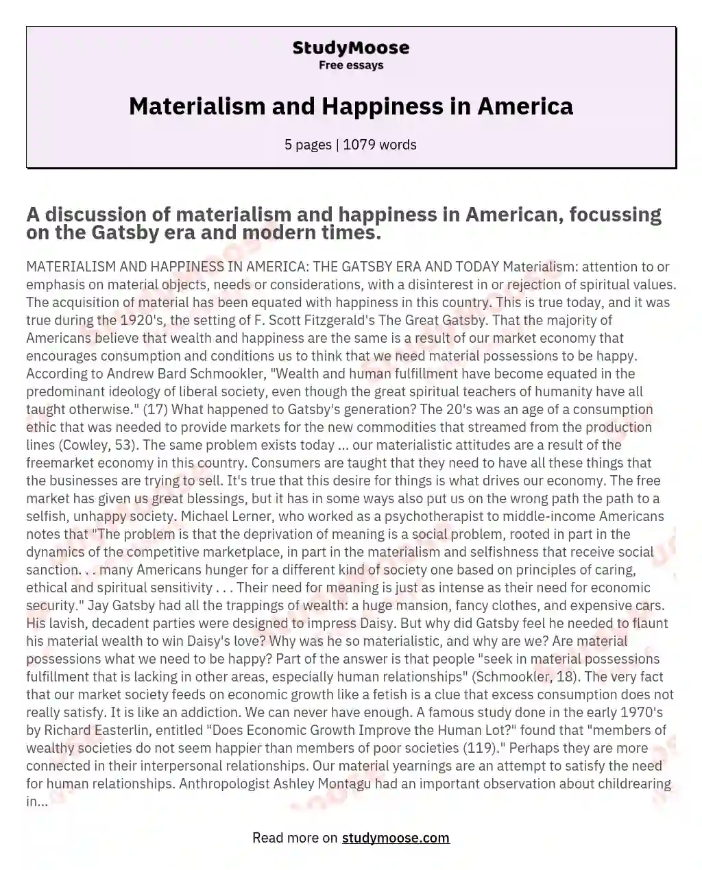 Materialism and Happiness in America essay
