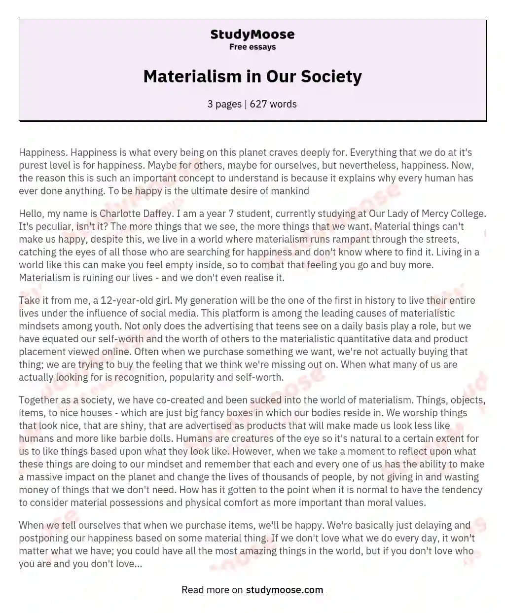 materialism in society essay
