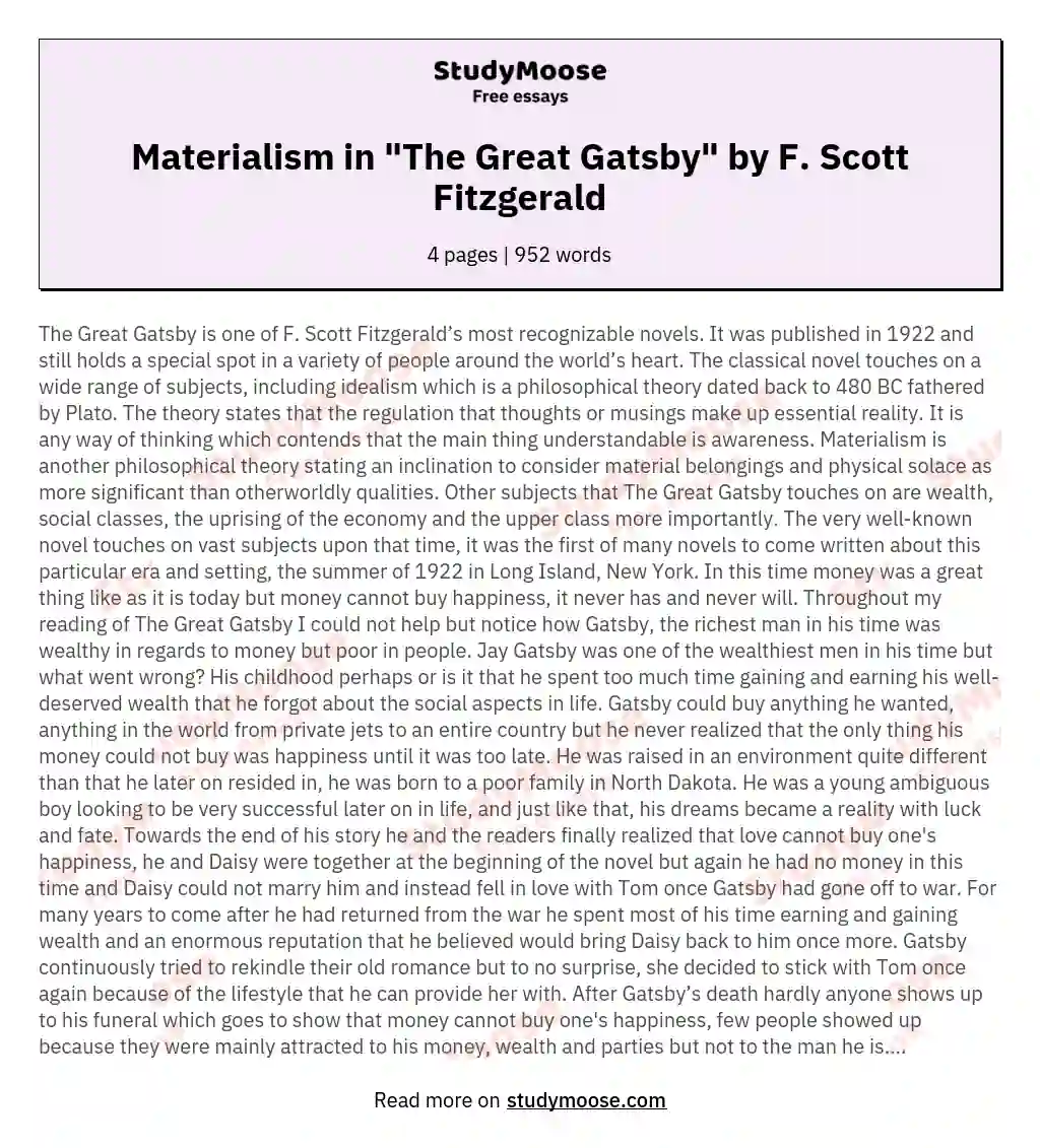 Materialism in "The Great Gatsby" by F. Scott Fitzgerald essay