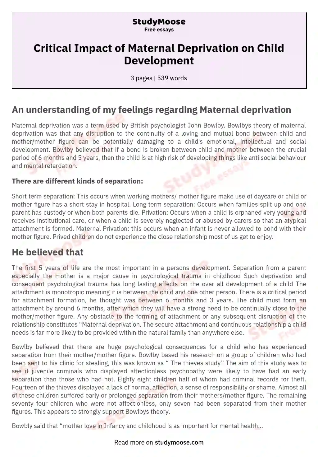 Critical Impact of Maternal Deprivation on Child Development essay