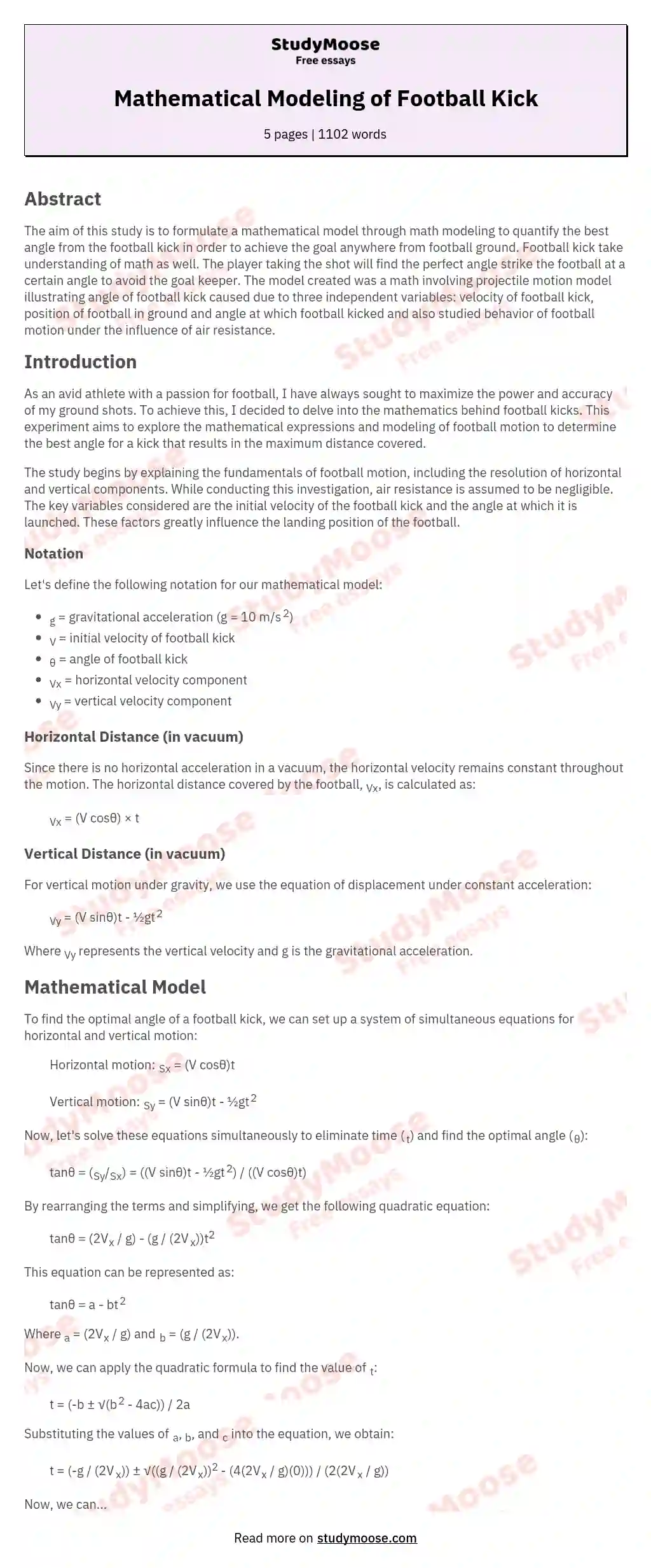 Mathematical Modeling of Football Kick essay