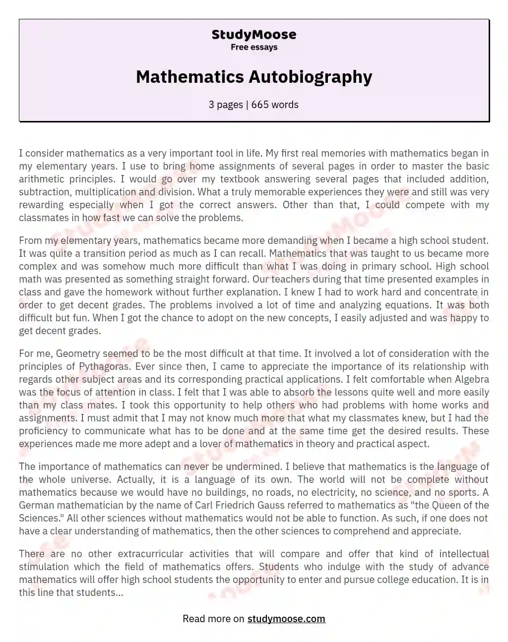 Mathematics Autobiography essay