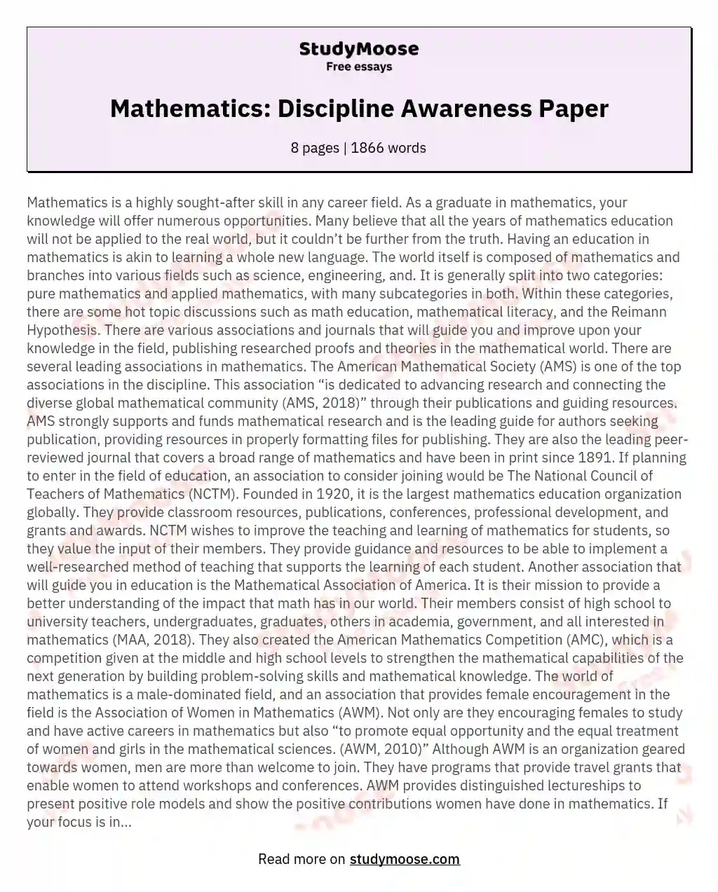 Mathematics: Discipline Awareness Paper essay