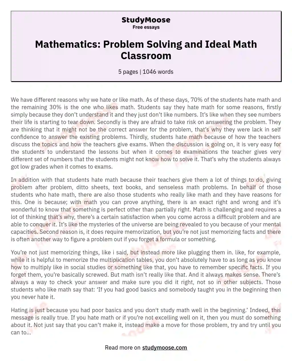 Mathematics: Problem Solving and Ideal Math Classroom