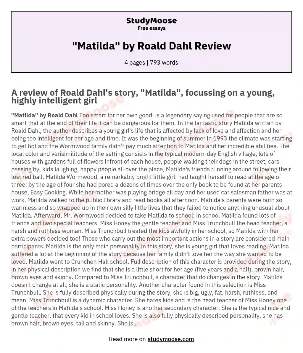  Matilda By Roald Dahl Review Free Essay Example