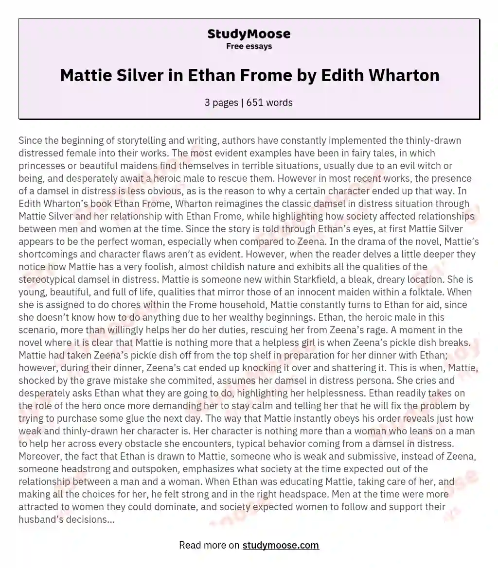 Mattie Silver in Ethan Frome by Edith Wharton essay