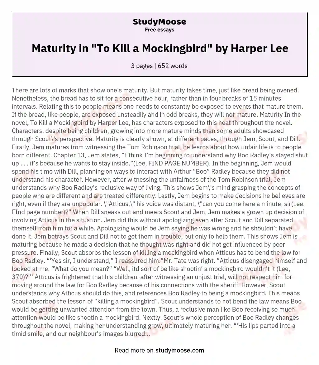 Maturity in "To Kill a Mockingbird" by Harper Lee