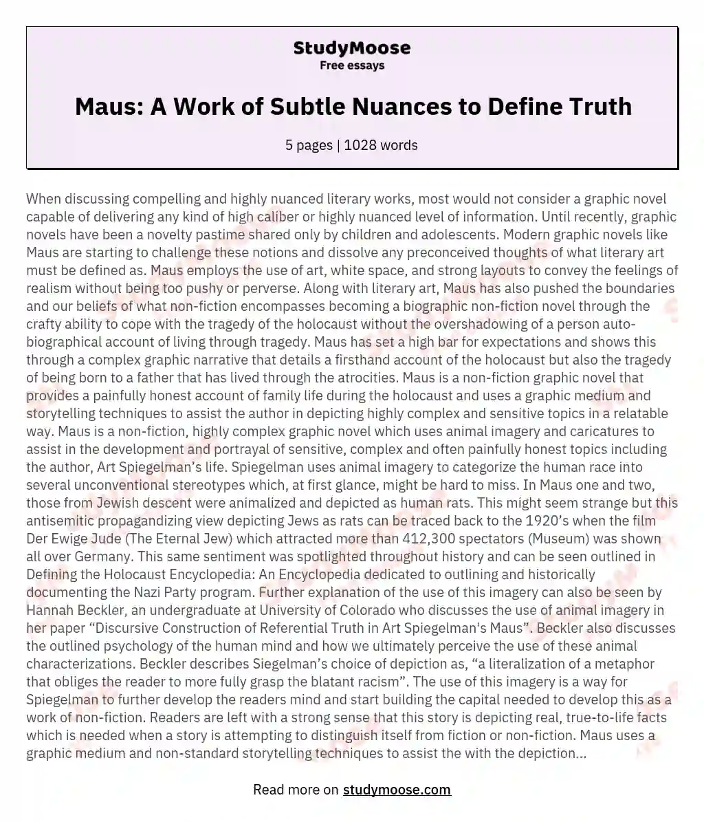 Maus: A Work of Subtle Nuances to Define Truth essay