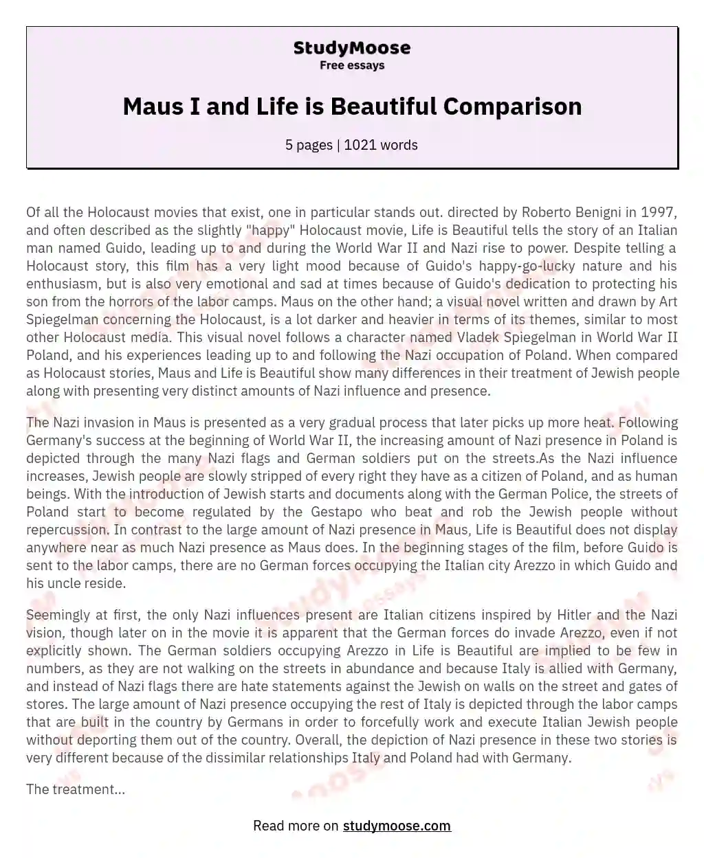 Maus I and Life is Beautiful Comparison essay