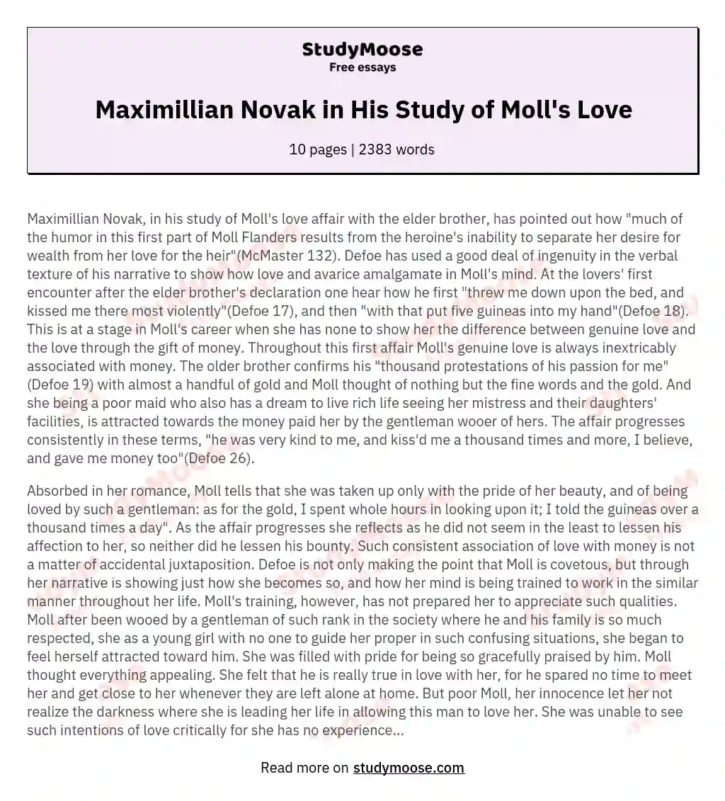 Maximillian Novak in His Study of Moll's Love essay