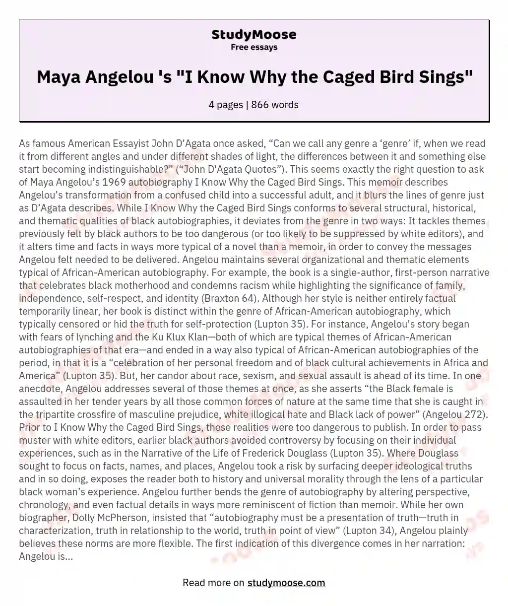 Maya Angelou 's "I Know Why the Caged Bird Sings" essay