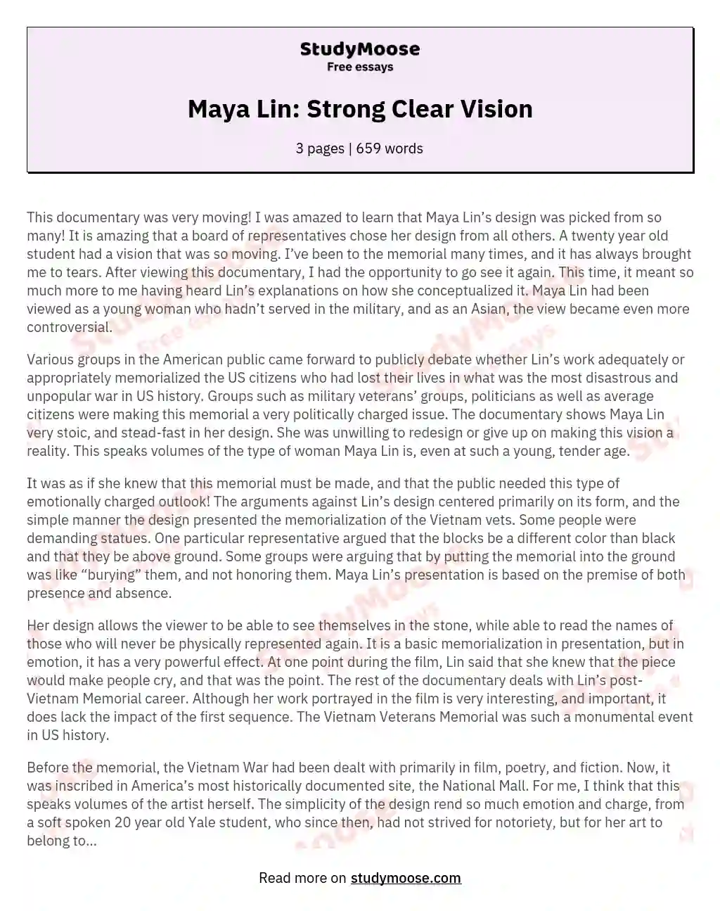 Maya Lin: Strong Clear Vision essay
