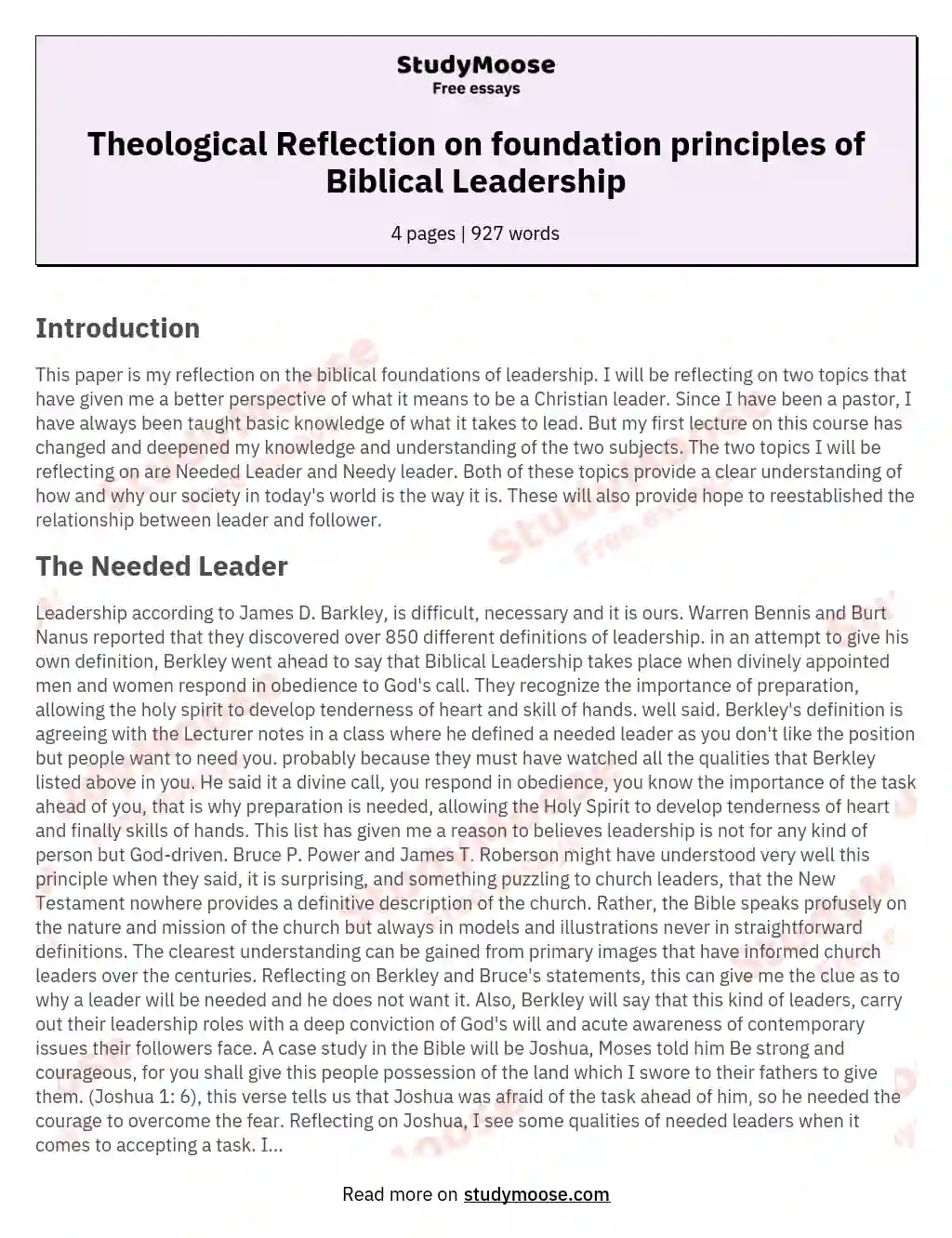 Theological Reflection on foundation principles of Biblical Leadership essay