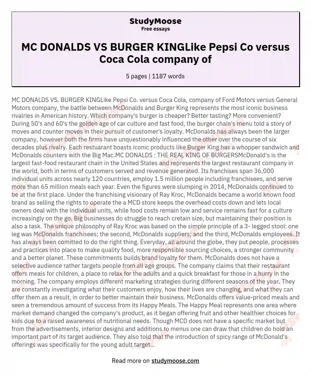 MC DONALDS VS BURGER KINGLike Pepsi Co versus Coca Cola company of essay