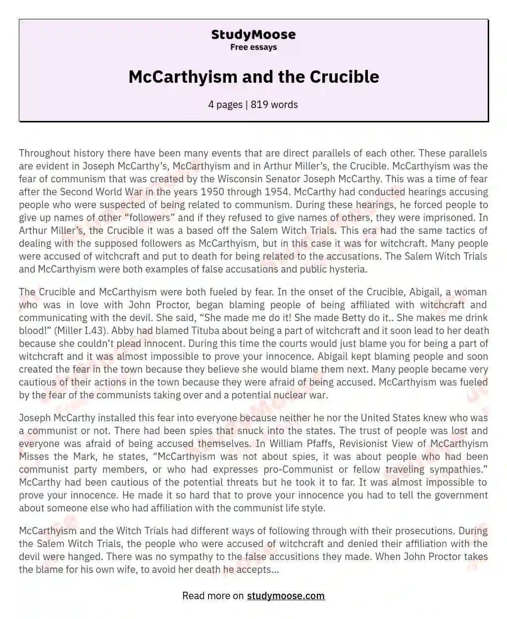 McCarthyism and Witch Trials: Fear's Impact on Society essay
