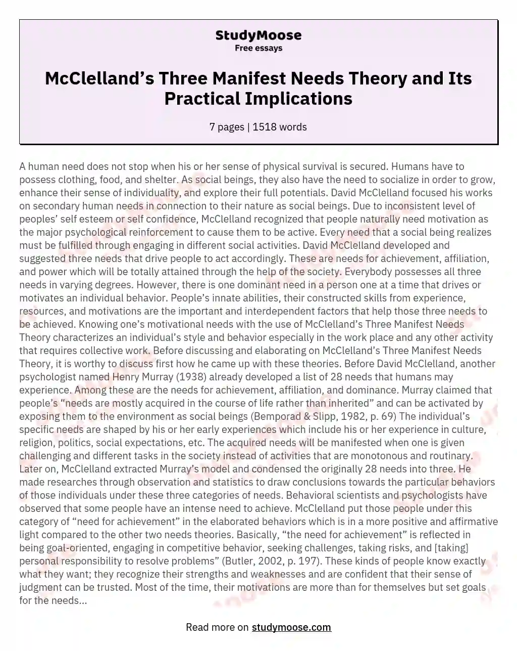McClelland’s Three Manifest Needs Theory and Its Practical Implications essay