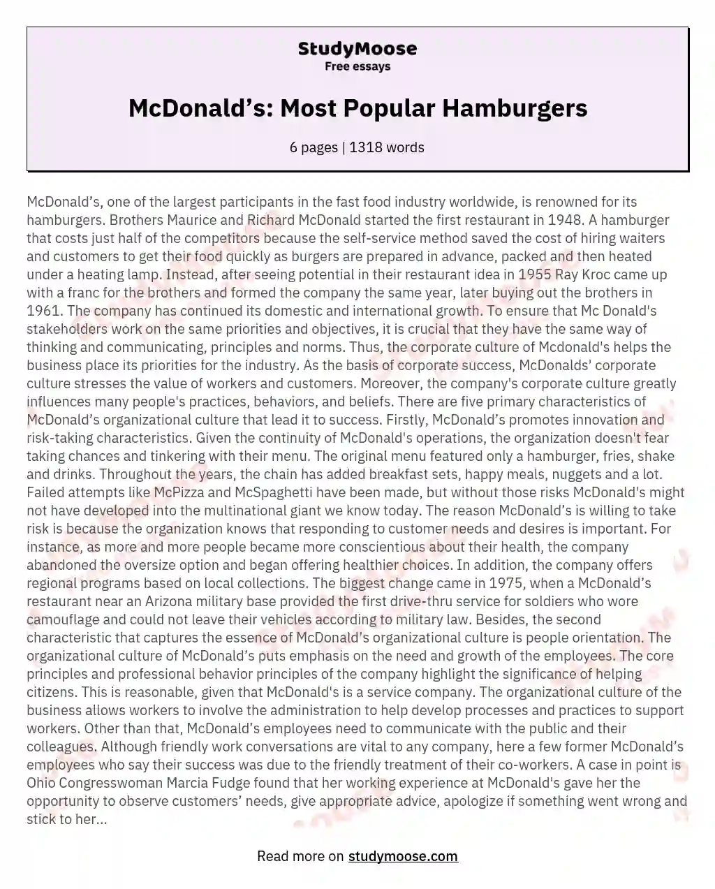 McDonald’s: Most Popular Hamburgers essay