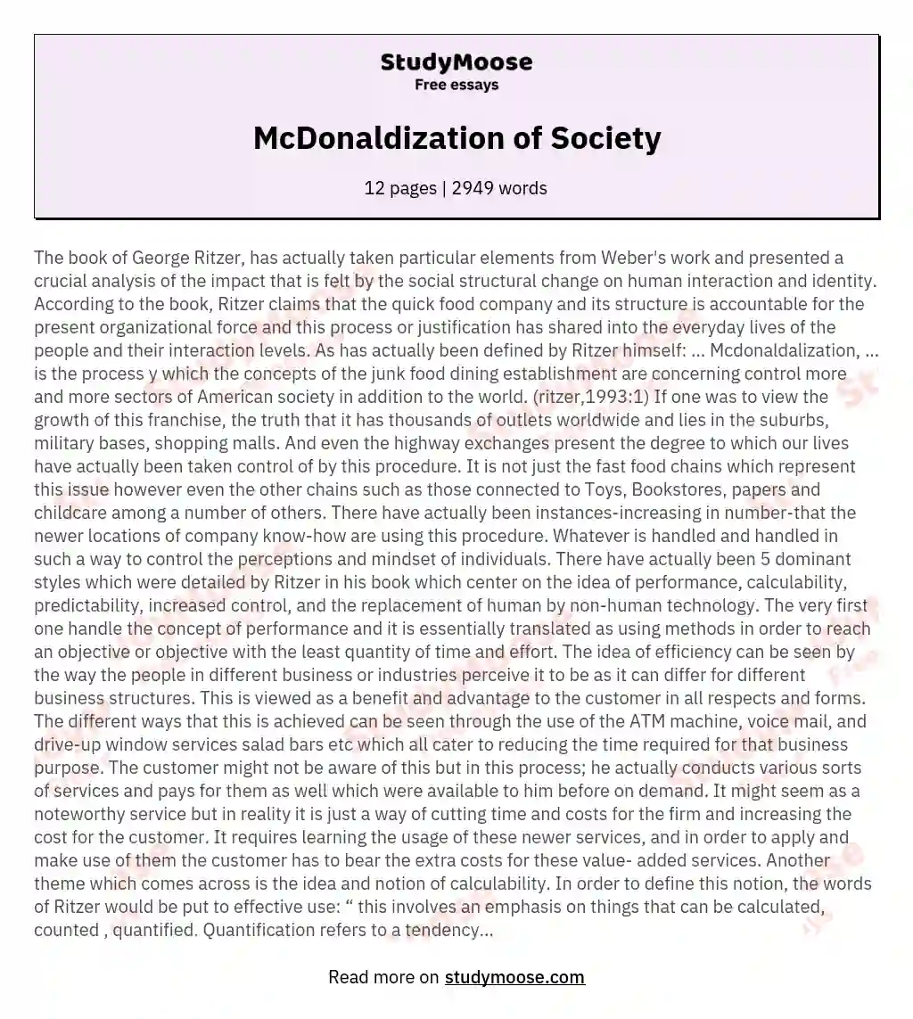 write essay on mcdonaldization of society