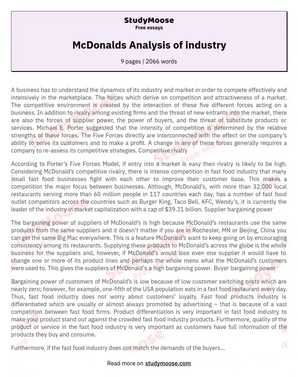 McDonalds Analysis of industry essay