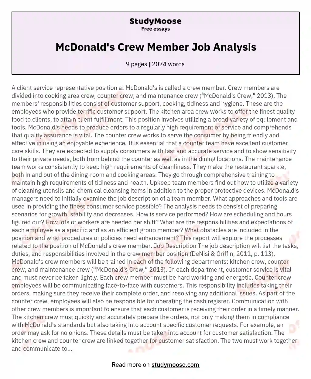 McDonald's Crew Member Job Analysis essay