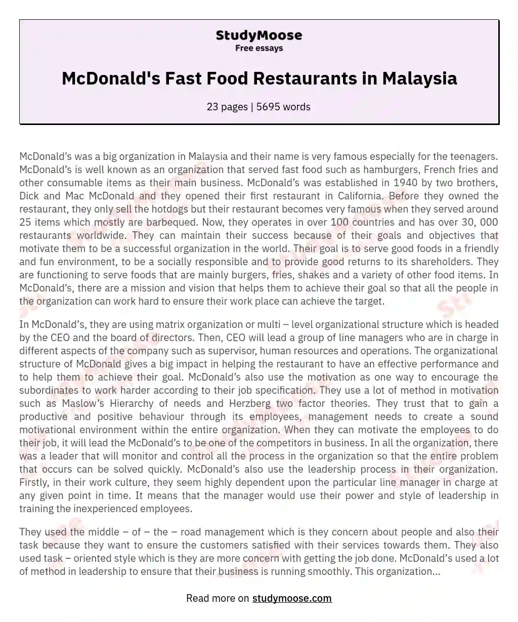 McDonald's Fast Food Restaurants in Malaysia