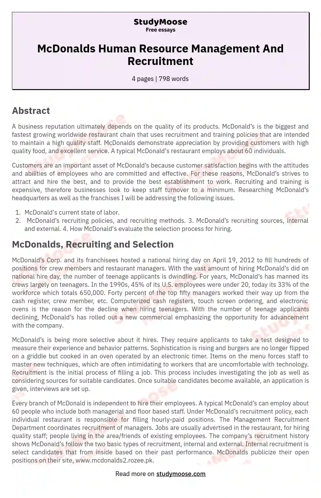 McDonald's Excellence: Workforce, Recruitment, Development essay