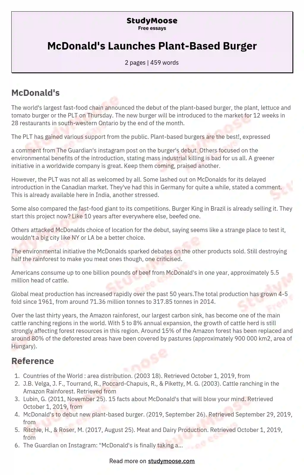 McDonald's Launches Plant-Based Burger essay