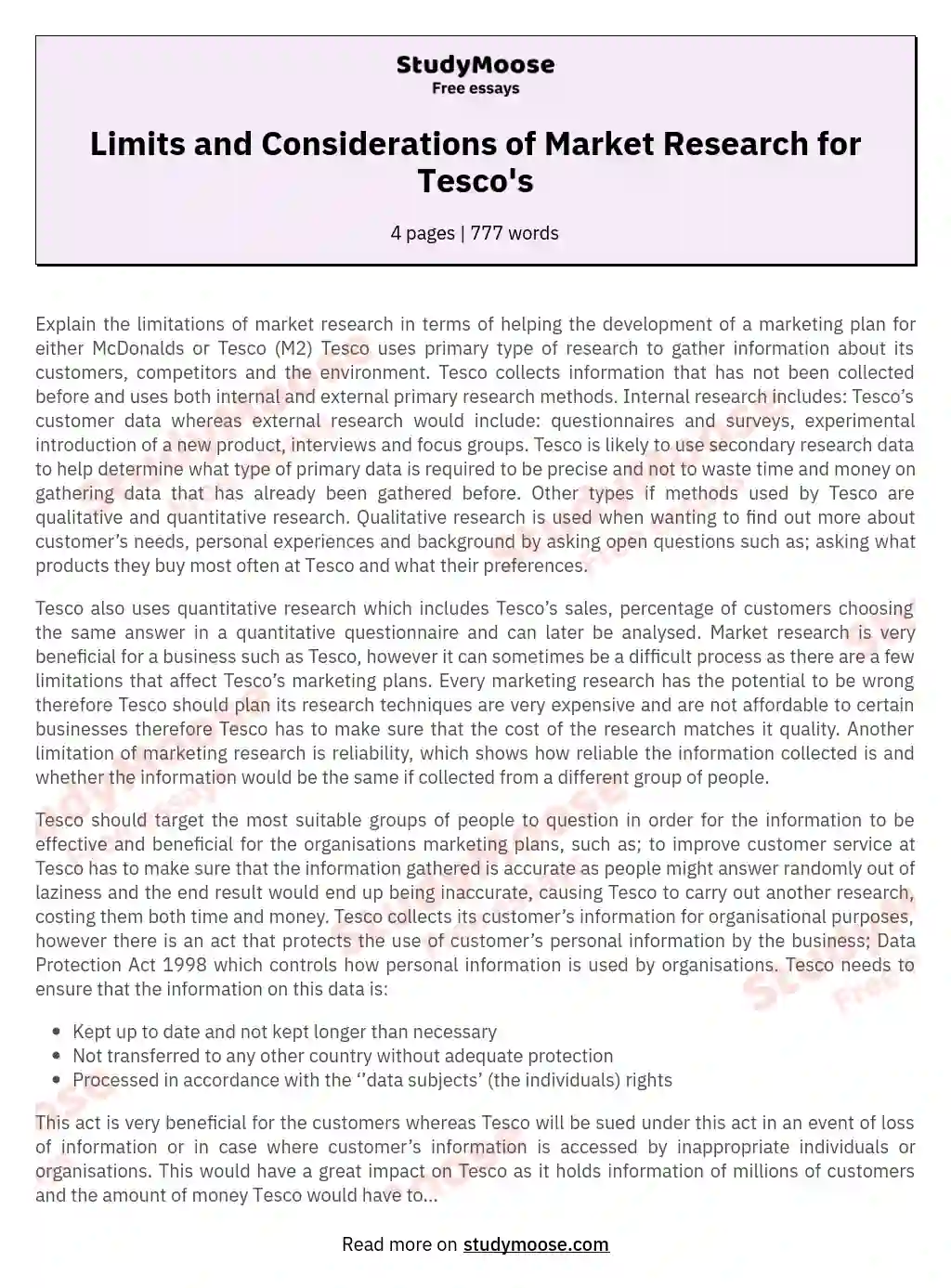 Limits and Considerations of Market Research for Tesco's essay
