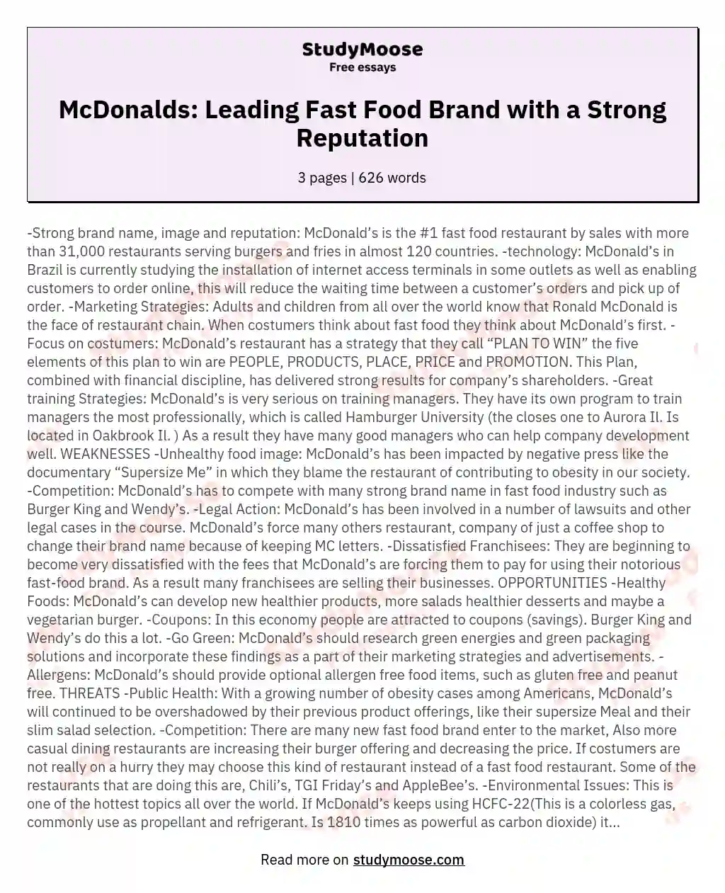 McDonalds: Leading Fast Food Brand with a Strong Reputation