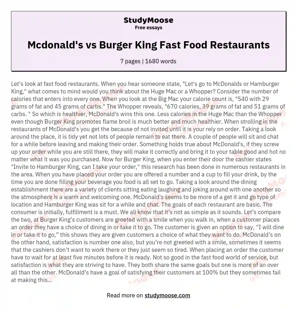 Mcdonald's vs Burger King Fast Food Restaurants essay