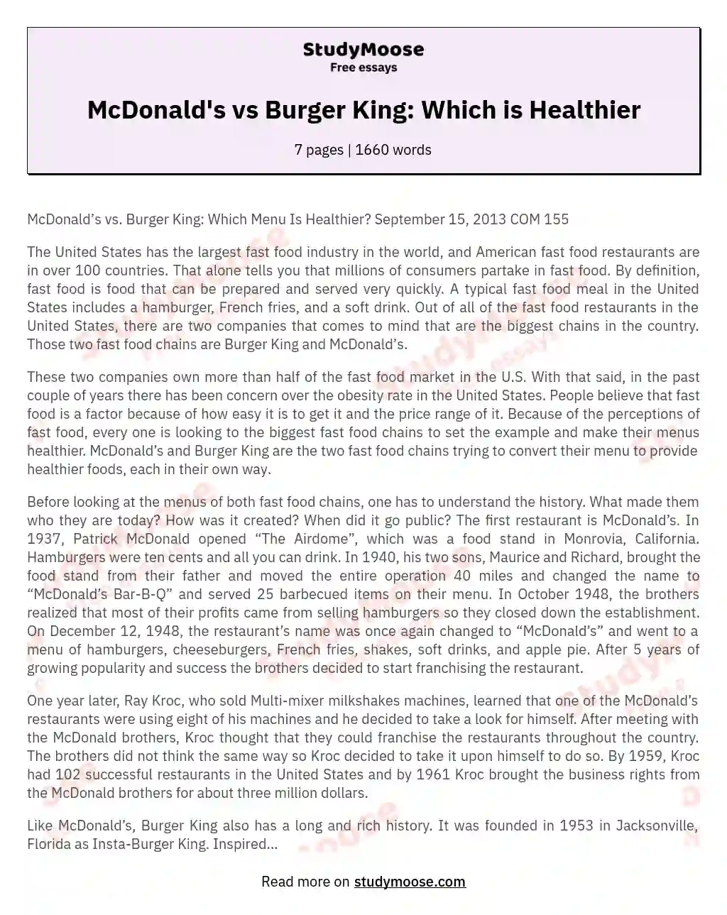 McDonald's vs Burger King: Which is Healthier essay