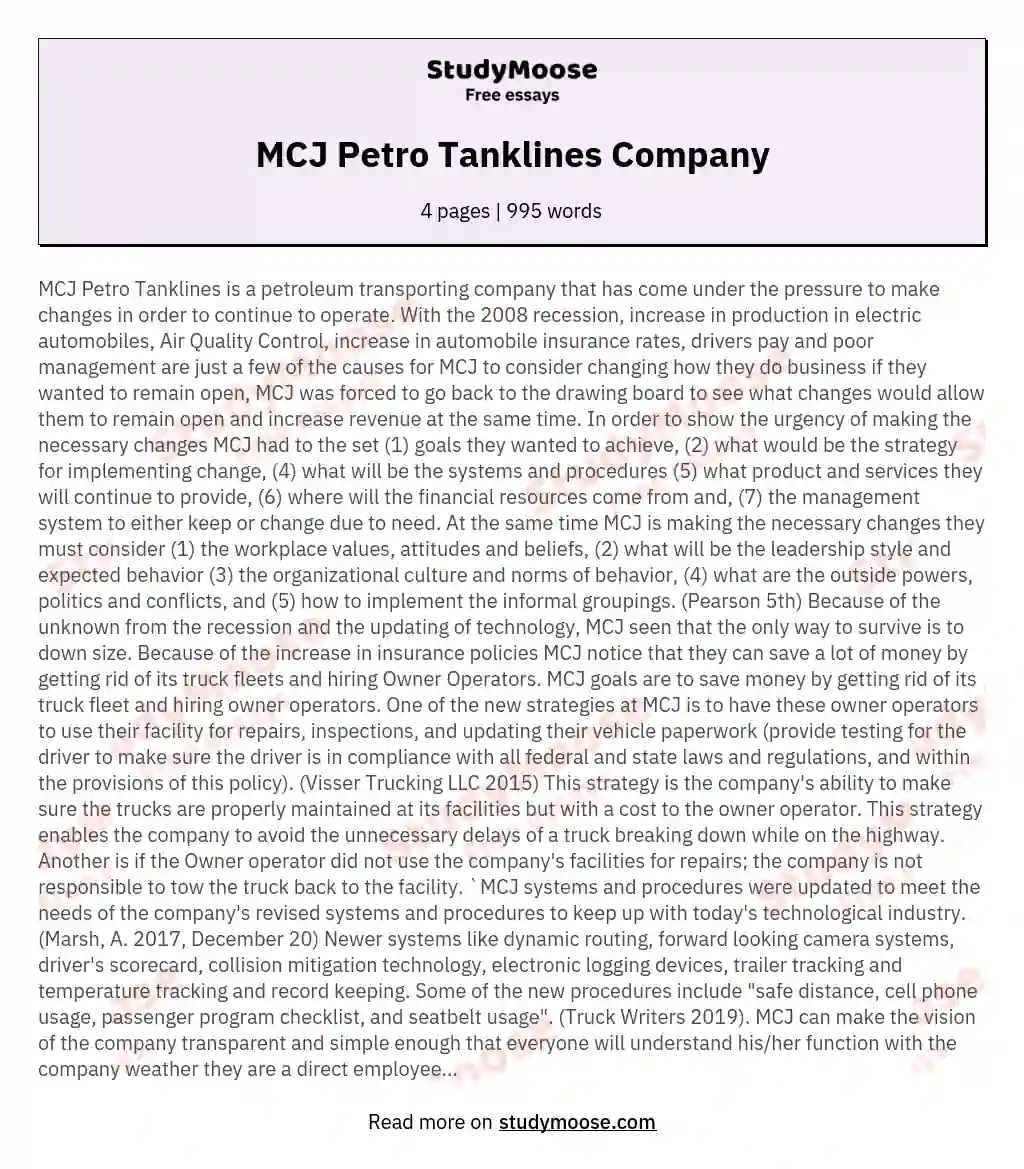 MCJ Petro Tanklines Company essay