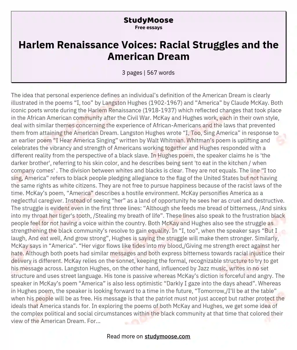 Harlem Renaissance Voices: Racial Struggles and the American Dream essay
