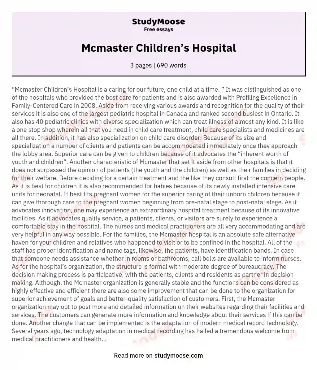 Mcmaster Children’s Hospital essay