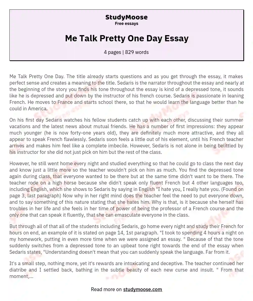 me talk pretty one day essay discussion questions