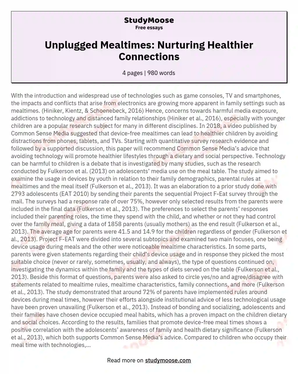 Unplugged Mealtimes: Nurturing Healthier Connections essay