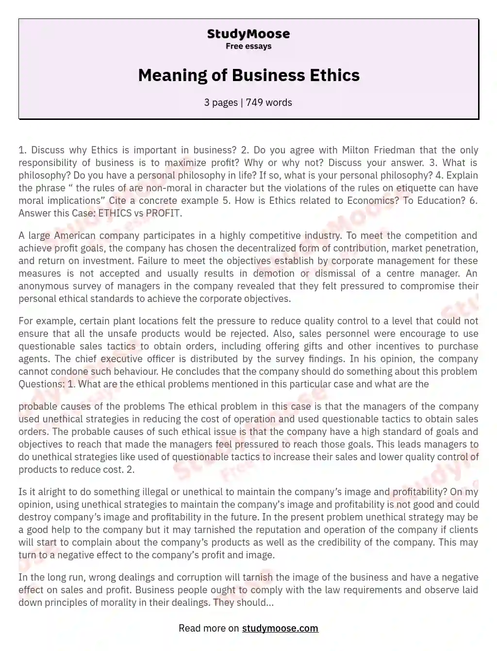 Meaning of Business Ethics essay