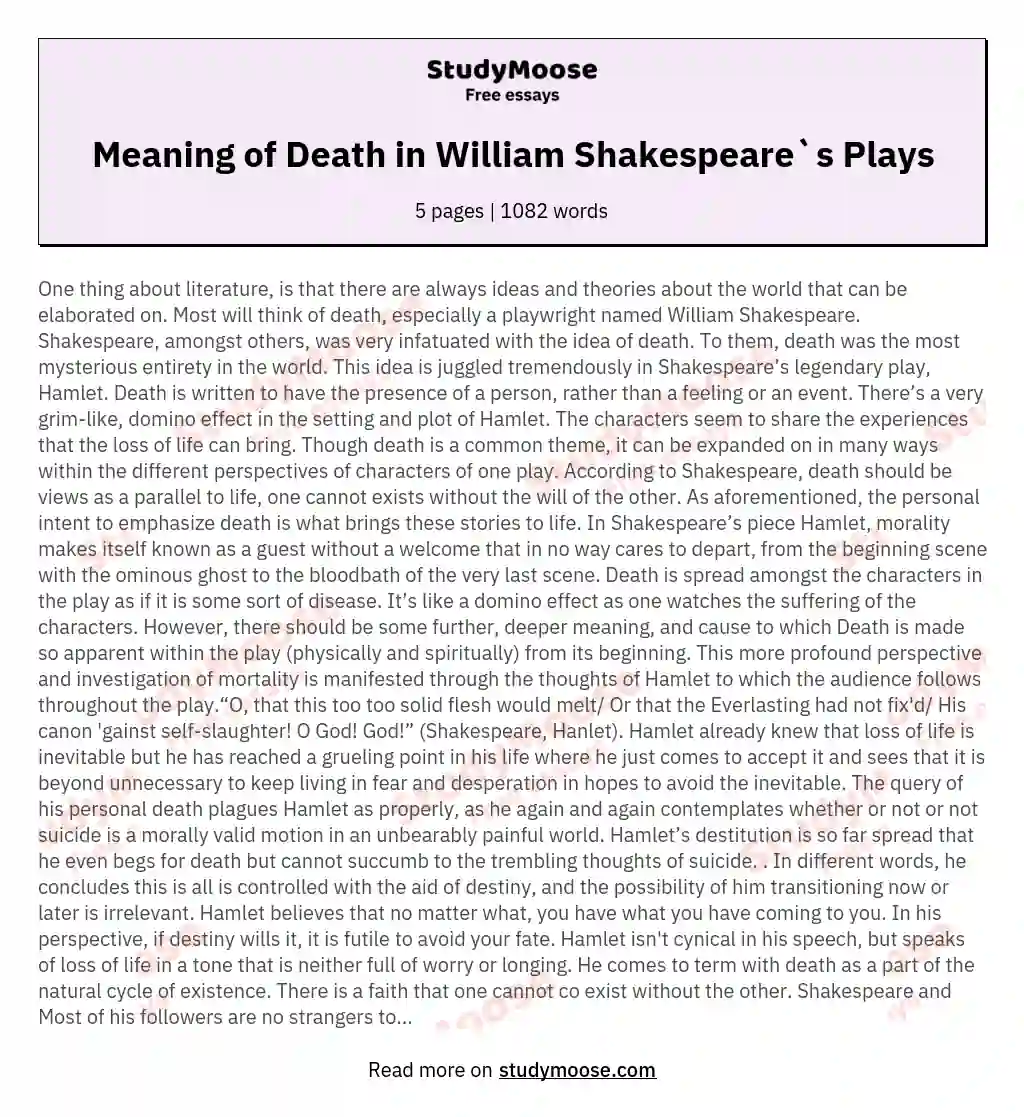 Meaning of Death in William Shakespeare`s Plays essay