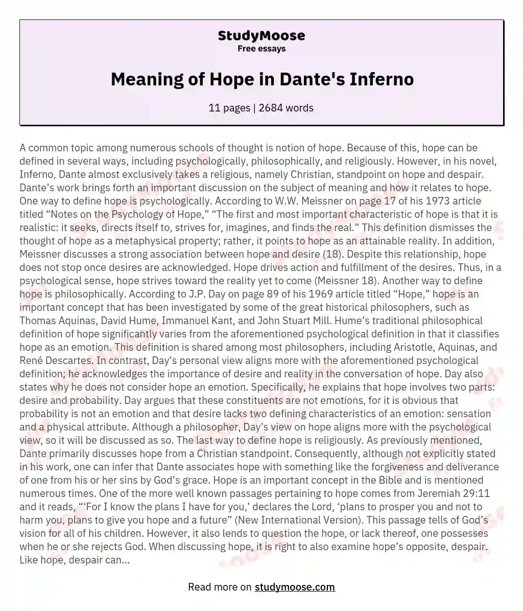 Meaning of Hope in Dante's Inferno essay