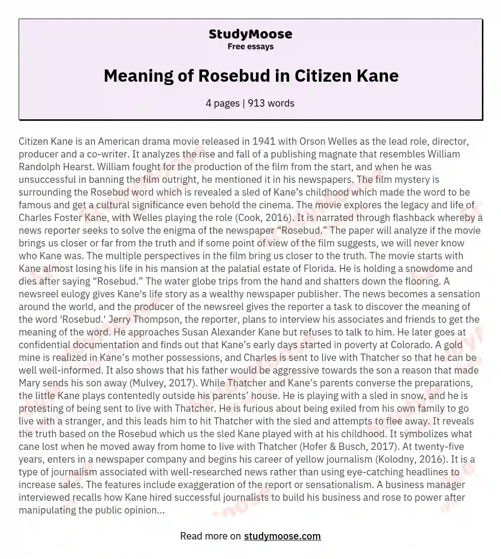 Meaning of Rosebud in Citizen Kane Free Essay Example