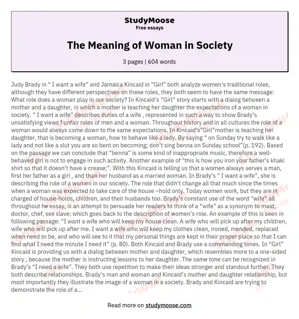 The Meaning of Woman in Society essay